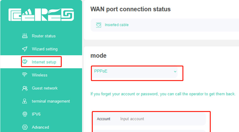 Set router PPPOE to access the Internet